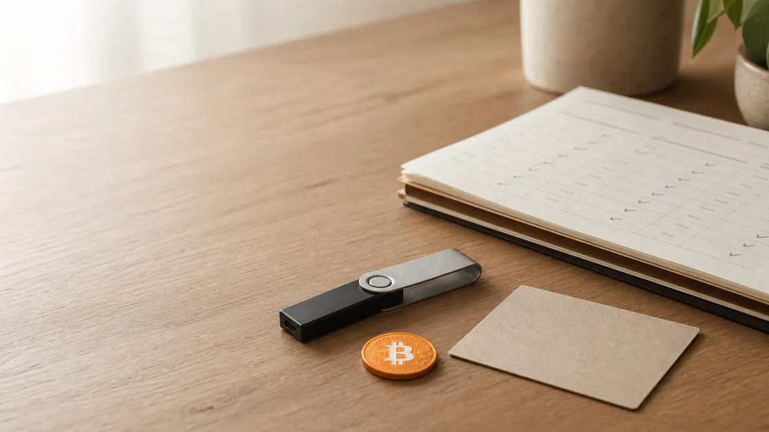 Hardware wallet, Bitcoin coin and long-term savings ledger on a desk